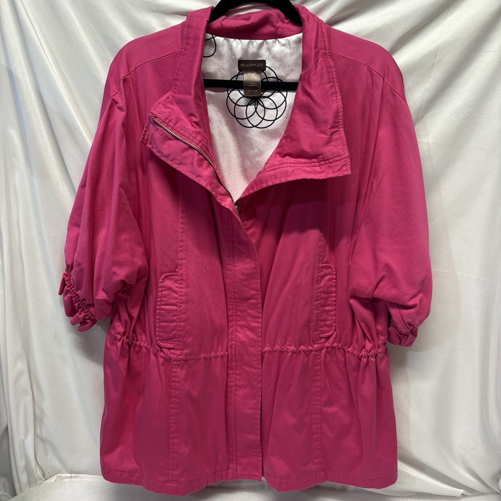 Multiples Women L Bright Pink Collar 3/4 Sleeve Pockets Poly Artsy Shacket